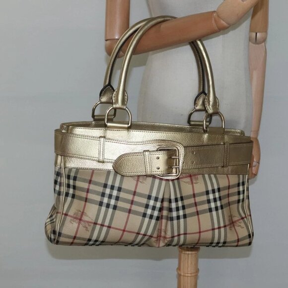 BURBERRY Nova Check Tote Bag PVC Beige Gold Auth 116135 - Picture 14 of 16
